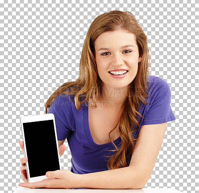 Buy stock photo Isolated woman, tablet and portrait with blank screen, mockup space or ux by transparent png background. Student girl, digital touchscreen or promo for social media, learning website or education app