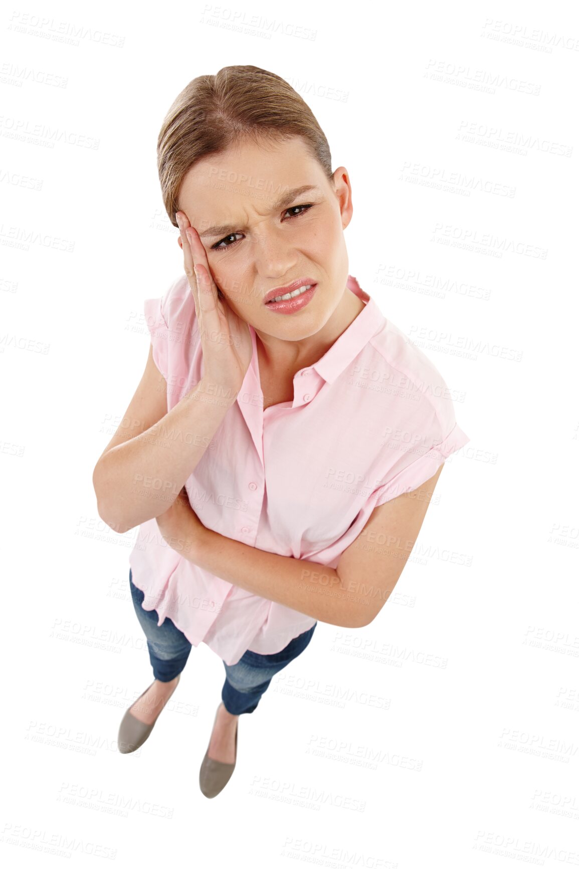 Buy stock photo Top view, portrait and woman with a headache, health and issue isolated against a transparent background. Face, female person and model with a migraine, stress burnout and png with medical problem