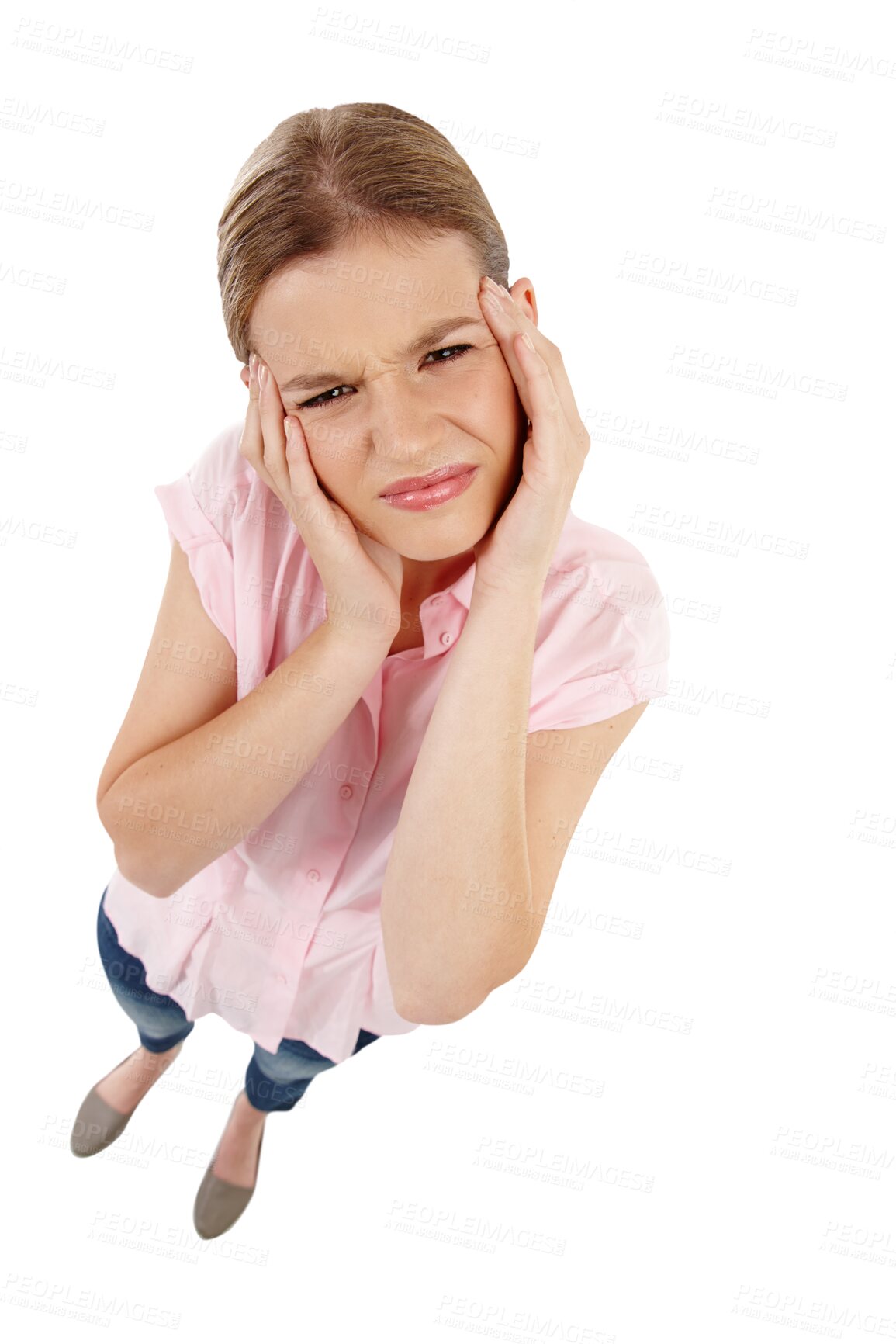 Buy stock photo Top view, portrait and woman with a headache, stress or health problem isolated against a transparent background. Face, female person or model with a migraine, png or fatigue with pain and frustrated