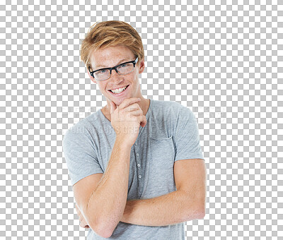 Buy stock photo Happy, nerd and portrait of man on transparent background for geek, glasses and pride. Happiness, smile and youth with male person isolated on png for learning, education and  hipster vision style