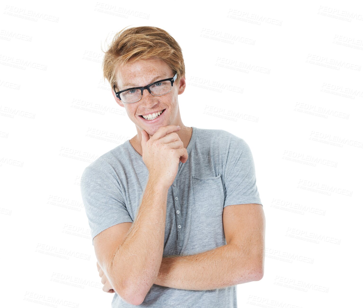 Buy stock photo Happy, nerd and portrait of man on transparent background for geek, glasses and pride. Happiness, smile and youth with male person isolated on png for learning, education and  hipster vision style