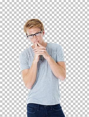 Buy stock photo Isolated ginger man, portrait and glasses with fingers on mouth by transparent png background. Young guy, college model or student with trendy fashion, casual clothes and jeans with thinking gesture