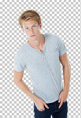 Buy stock photo Man, face and portrait of ginger standing with hands in pocket isolated on a transparent PNG background. Young male person with freckles posing in casual clothing, fashion or confidence for style