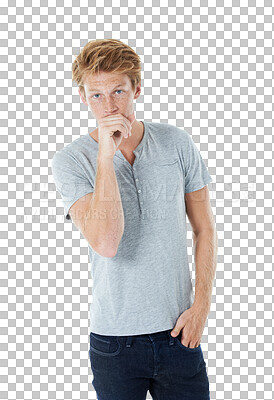 Buy stock photo Shy, portrait and young man with casual clothes for university, college or school isolated on transparent background. Young person or student with ginger hair from UK cover mouth with hand on png