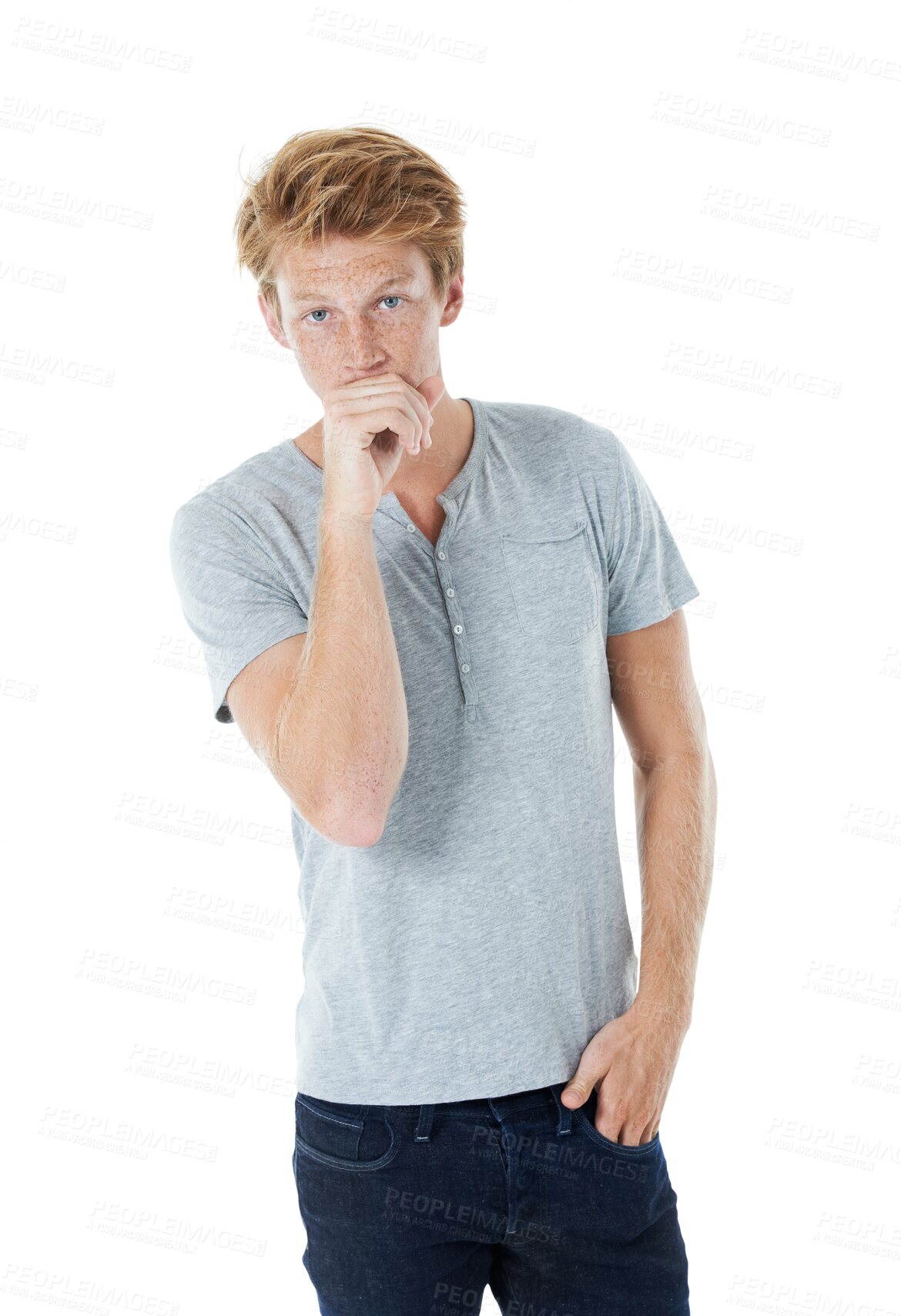 Buy stock photo Shy, portrait and young man with casual clothes for university, college or school isolated on transparent background. Young person or student with ginger hair from UK cover mouth with hand on png