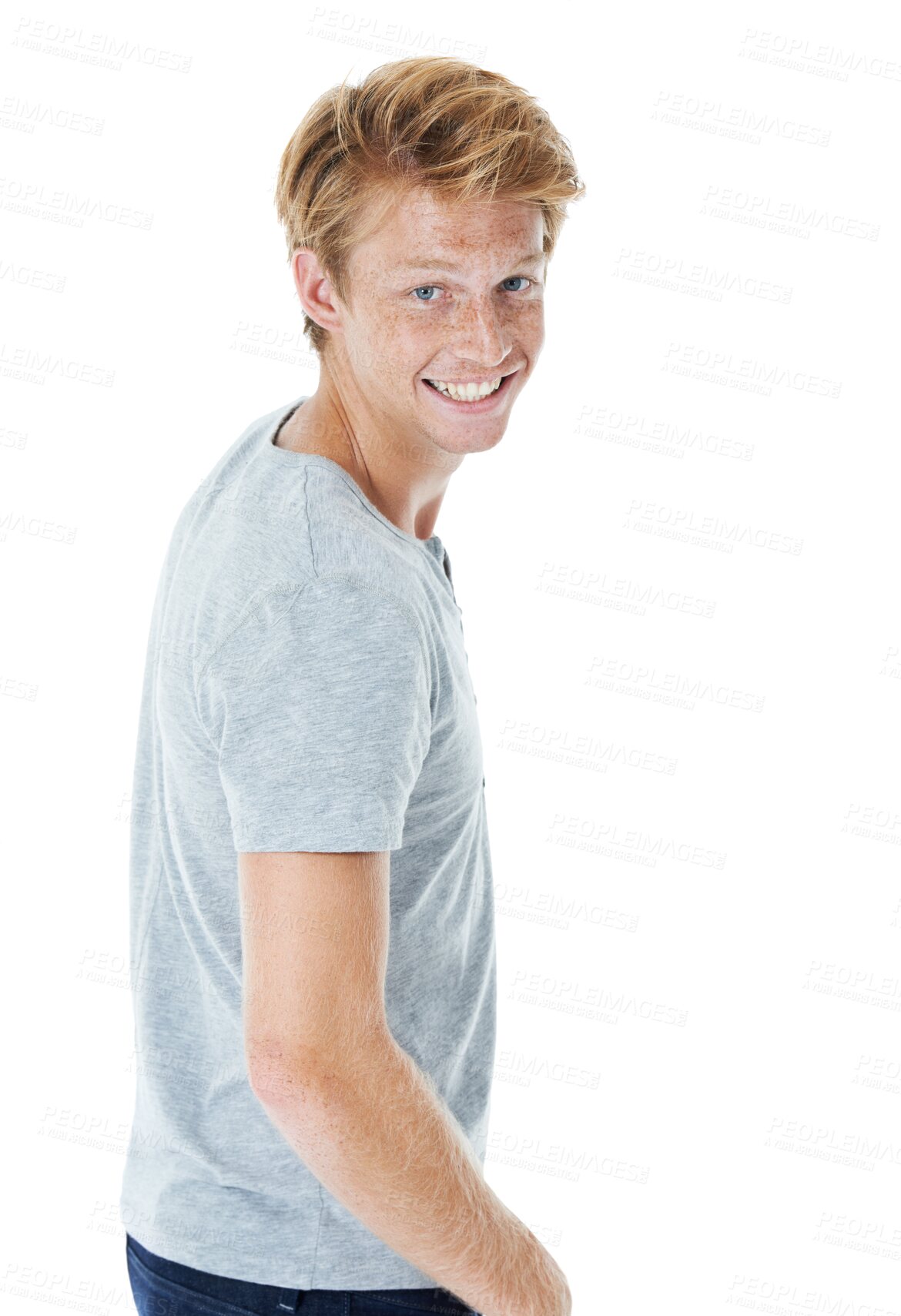 Buy stock photo Young man, portrait and happy with confidence, fashion and student with ginger hair isolated on transparent png background. Gen z, youth and male model with casual style and redhead posing with smile