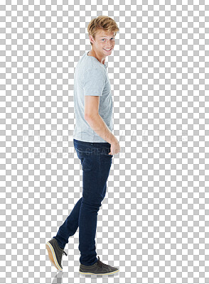 Buy stock photo Relax, walking with a smile and portrait of man for fashion or student in jeans on transparent, isolated or png background. Male model, ginger hair or person with happy, relaxed or natural confidence