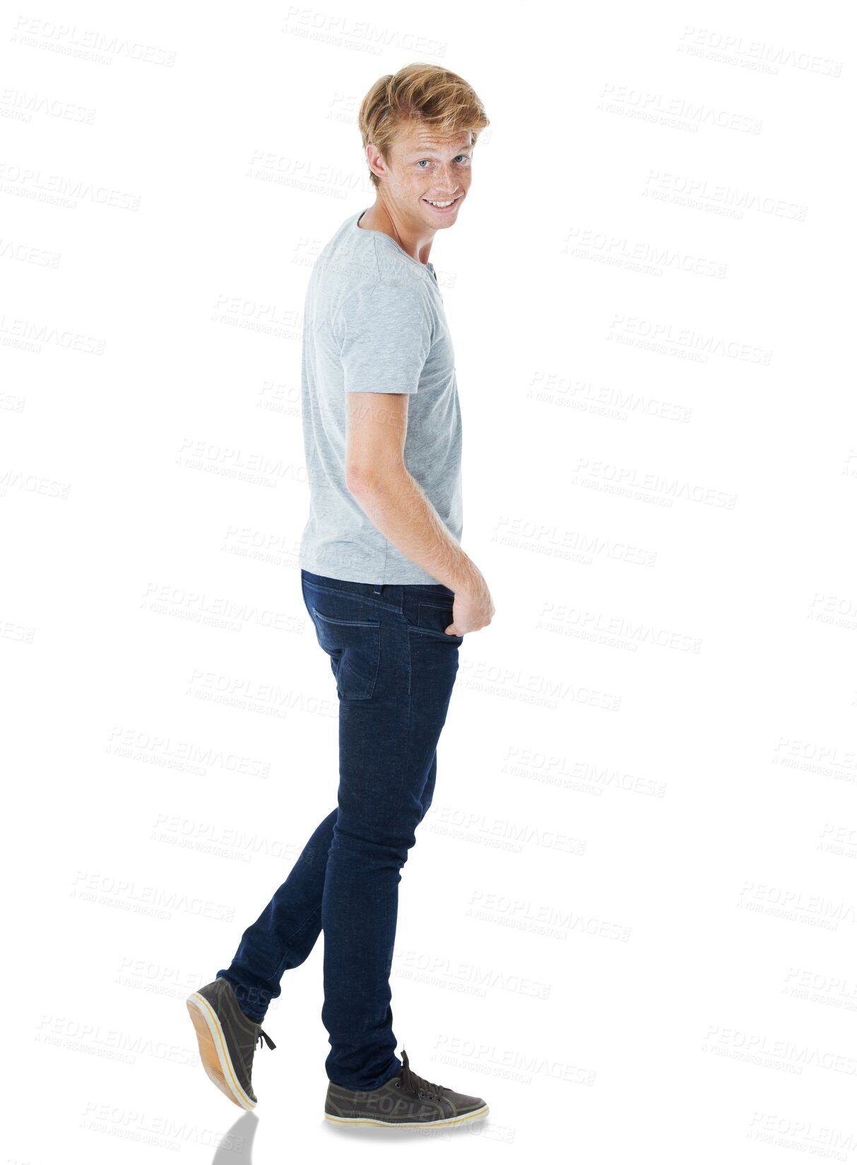 Buy stock photo Relax, walking with a smile and portrait of man for fashion or student in jeans on transparent, isolated or png background. Male model, ginger hair or person with happy, relaxed or natural confidence