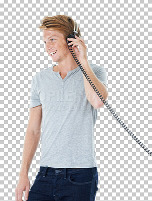 Buy stock photo Man, isolated and listening with retro headphones, technology and music on transparent or png background. Happy, face and person with ginger hair, listen and hear the radio, podcast or audio