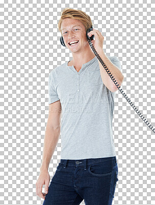 Buy stock photo Happy man, headphones and listening to podcast with smile isolated on a transparent PNG background. Male person or young dj smiling with wired headset for radio sound, audio or online music track