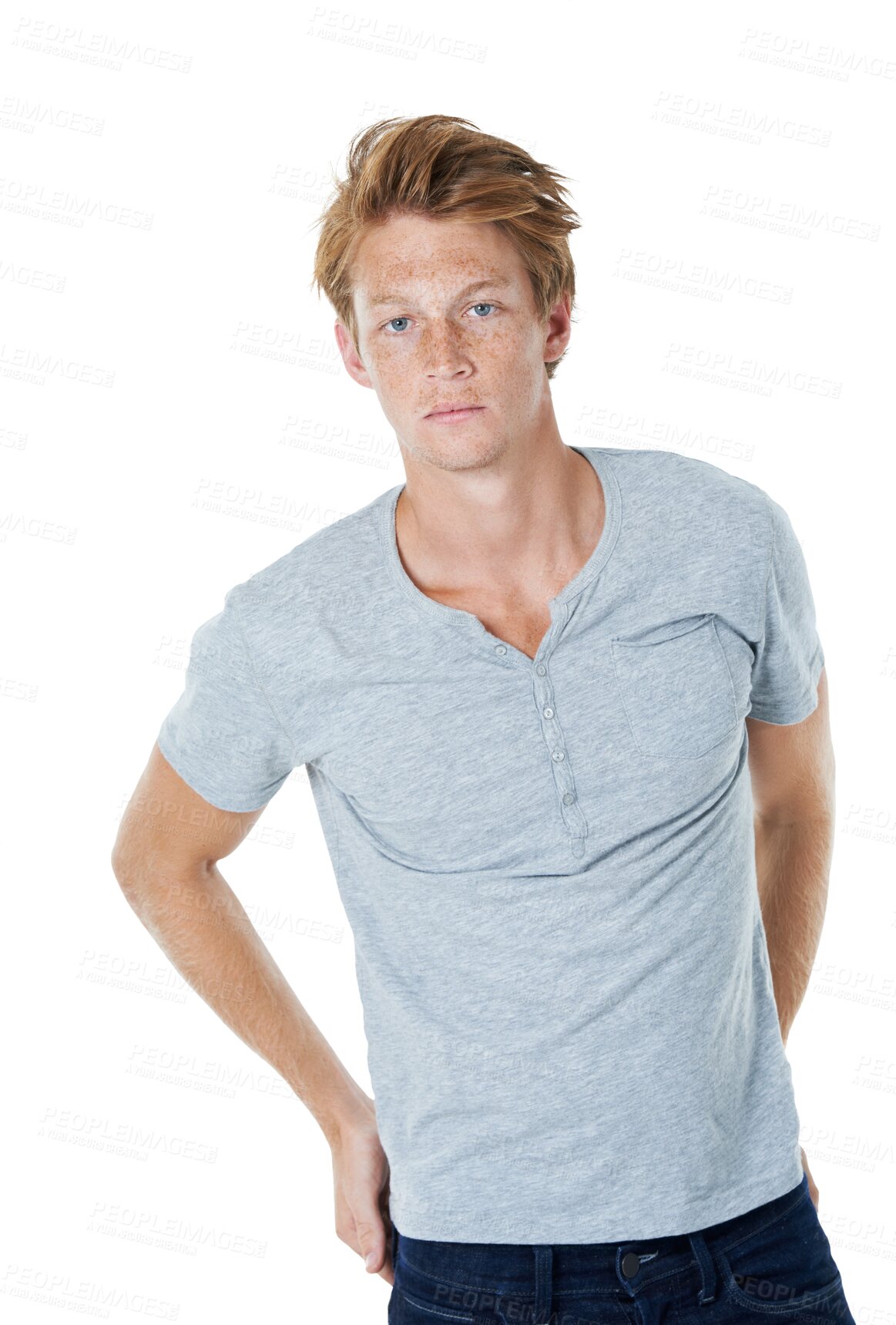 Buy stock photo Young man, portrait with confidence and fashion model with ginger hair isolated on transparent png background. Gen z, youth and serious male person with cool casual style, tshirt and redhead posing