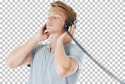 Buy stock photo Calm man, headphones and listening to music or meditation podcast isolated on a transparent PNG background. Male person or model with wired headset in relax for radio sound, audio track or streaming