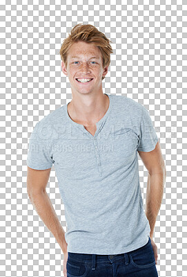 Buy stock photo Portrait, fashion and smile of ginger man isolated on a transparent png background. Style, confidence and happy male person from Switzerland standing in casual clothes, outfit and trendy shirt.