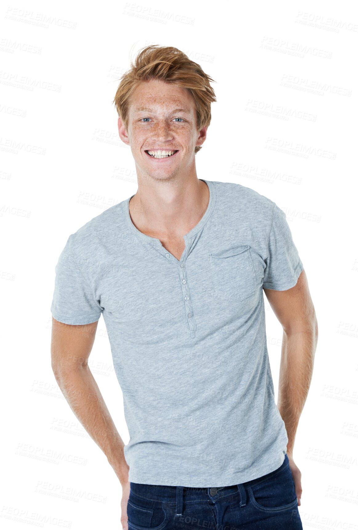 Buy stock photo Portrait, fashion and smile of ginger man isolated on a transparent png background. Style, confidence and happy male person from Switzerland standing in casual clothes, outfit and trendy shirt.