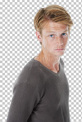 Buy stock photo Fashion, redhead and serious portrait of man with confidence on isolated, png and transparent background. Confident, attitude and face of ginger male person with freckles standing in casual clothes