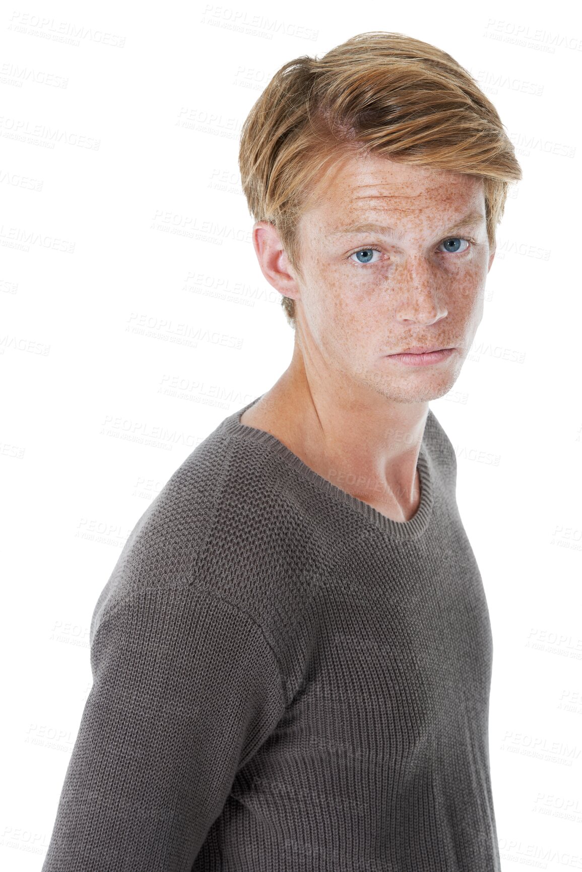 Buy stock photo Fashion, redhead and serious portrait of man with confidence on isolated, png and transparent background. Confident, attitude and face of ginger male person with freckles standing in casual clothes