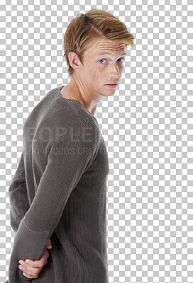 Buy stock photo Fashion, ginger and portrait of man with freckles on isolated, png and transparent background. Shy, natural face and back of redhead male person standing in trendy sweater, style and casual clothes