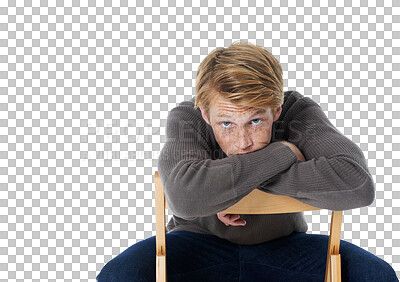 Buy stock photo Portrait, waiting and serious man on chair isolated on a transparent png background. Ginger, fashion and male person sitting on seat from Switzerland in casual clothes, outfit and trendy sweater.