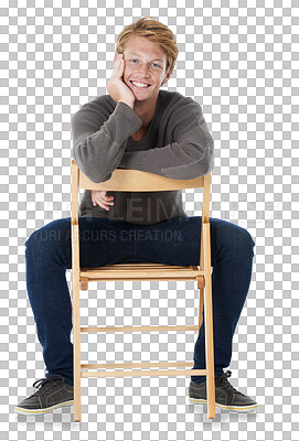 Buy stock photo Chair, happy portrait and young man in creative career, startup or business confidence in casual fashion. Relax, confident and person with ginger hair from UK isolated on transparent png background