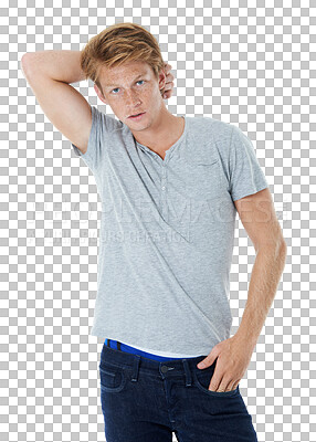 Buy stock photo Man in portrait, confident with fashion and cool model with ginger hair isolated on transparent png background. Gen z, youth and young male person with casual clothes, style and redhead posing