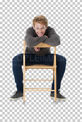 Buy stock photo Fashion, portrait and happy man on chair isolated on a transparent png background. Smile, ginger freckles and male person sitting on seat from Switzerland in casual clothes, waiting with style