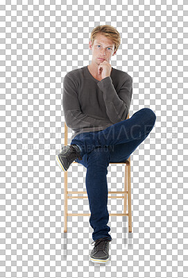 Buy stock photo Chair, serious portrait and young man in waiting room with confidence in casual fashion at college. Relax, confident and student person with ginger hair from UK isolated on transparent png background