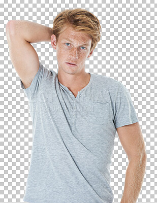 Buy stock photo Man in portrait, face with fashion and confident model with ginger hair isolated on transparent png background. Gen z, youth and cool male person with casual clothes, style and redhead posing