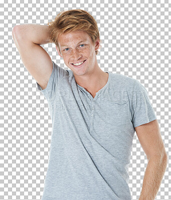 Buy stock photo Portrait, fashion and smile of ginger man isolated on a transparent png background. Style, confidence and happy male person from Switzerland with freckles in casual clothes, outfit and trendy shirt.