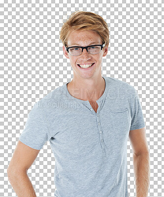 Buy stock photo Glasses, happy portrait and young man in style for a student and cotton t shirt or casual fashion. Smile, face and geek or person with ginger hair from UK isolated on transparent png background