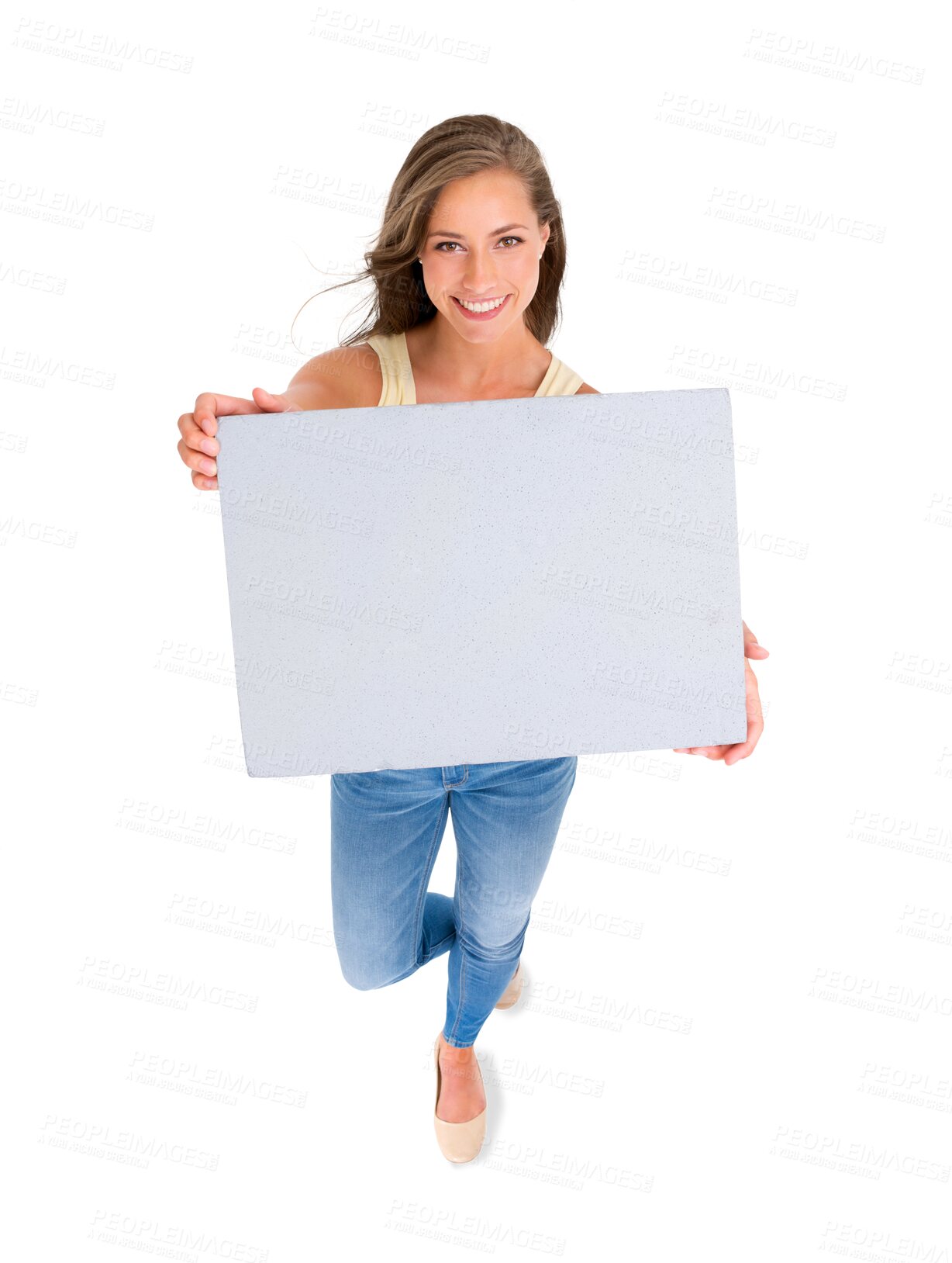 Buy stock photo Woman in portrait, billboard and top view with marketing sign isolated on png transparent background. Poster mockup, advertising and logo, female model smile with news and information on signage