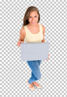 Buy stock photo Woman in portrait, poster mockup and top view with marketing sign isolated on png transparent background. Billboard, advertising and logo, female model smile with news and information on signage