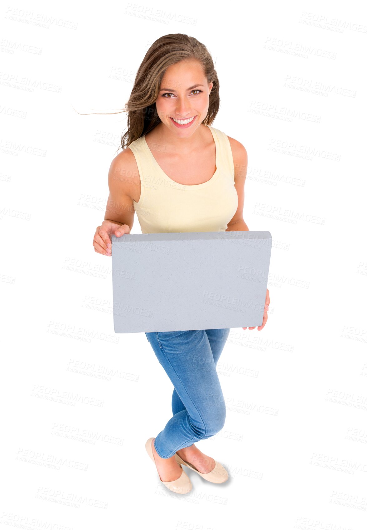 Buy stock photo Woman in portrait, poster mockup and top view with marketing sign isolated on png transparent background. Billboard, advertising and logo, female model smile with news and information on signage