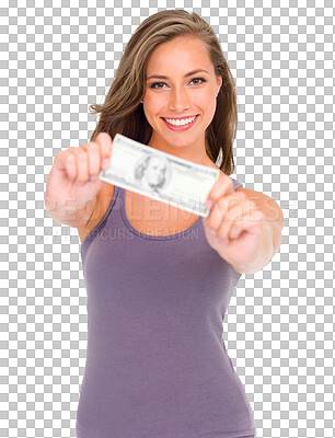 Buy stock photo Money, show note and woman portrait for winning, success or cash loan isolated on transparent png background Lottery, banking and happy person or winner giving bonus, wealth offer or financial profit