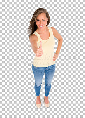 Buy stock photo Woman in portrait, thumbs up and high angle, support and motivation with feedback isolated on png transparent background. Female person with hand gesture, like emoji and yes with positive review