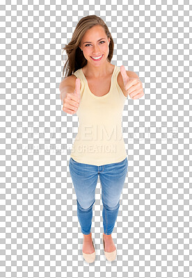 Buy stock photo Woman, thumbs up and high angle, support in portrait and motivation with feedback isolated on png transparent background. Female person with hand gesture, ok or like emoji and yes with agreement