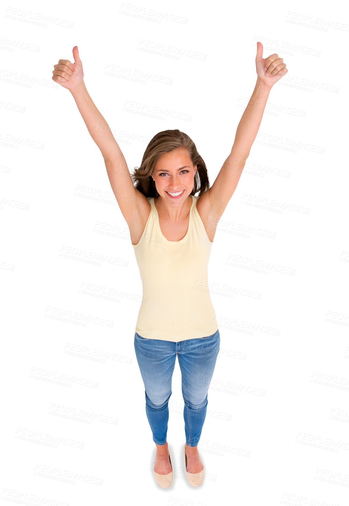 Buy stock photo Thumbs up, portrait and woman in celebration, support for achievement or thank you to person on transparent, isolated or png background, Happy, girl celebrating with hands or gesture for motivation