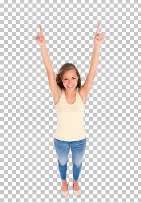 Buy stock photo Pointing up, portrait and woman with fingers, gesture and support for mock up on transparent, isolated or png background, Happy, girl with smile and point with hands or sign a choice, option or offer