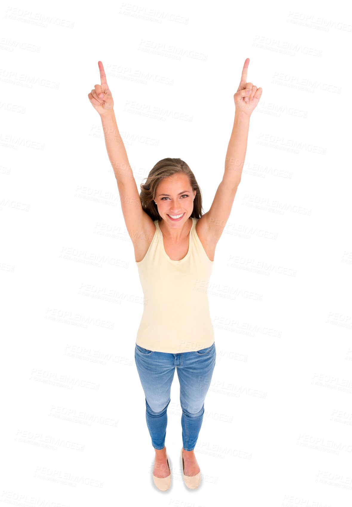 Buy stock photo Pointing up, portrait and woman with fingers, gesture and support for mock up on transparent, isolated or png background, Happy, girl with smile and point with hands or sign a choice, option or offer