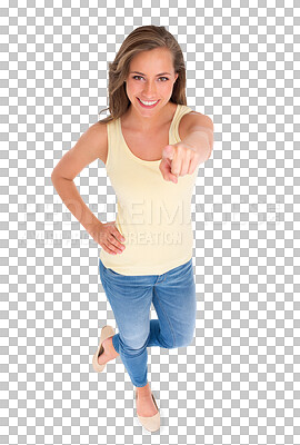 Buy stock photo Top view, pointing to you or woman with portrait, happy or model isolated against a transparent background. Success, female person or girl with hand gesture, choice or png with motivation or decision