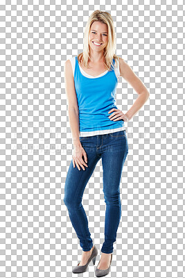 Buy stock photo Smile, fashion and woman confident or relax with style clothes isolated in a transparent or png background. Happy, stylish and young female person in happiness with clothing, outfit and trendy