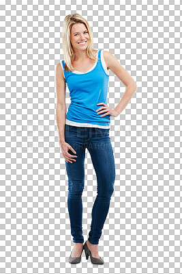 Buy stock photo Fashion, happy and portrait of woman with confidence on isolated, png and transparent background. Confident, happiness and female person standing with hands on hips in trendy, cool and casual clothes