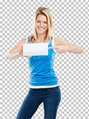 Buy stock photo Portrait, pointing or happy woman with board sign for promotion isolated on transparent png background. Space, smile or excited girl smiling with marketing paper or gesture showing product or news