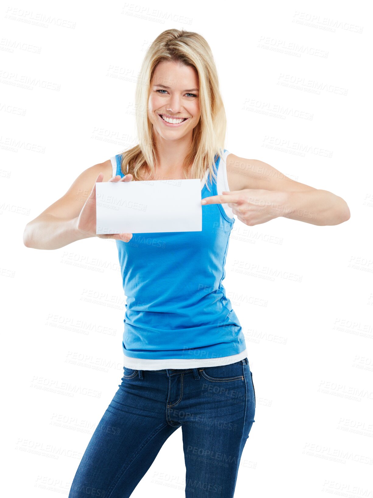 Buy stock photo Portrait, pointing or happy woman with board sign for promotion isolated on transparent png background. Space, smile or excited girl smiling with marketing paper or gesture showing product or news