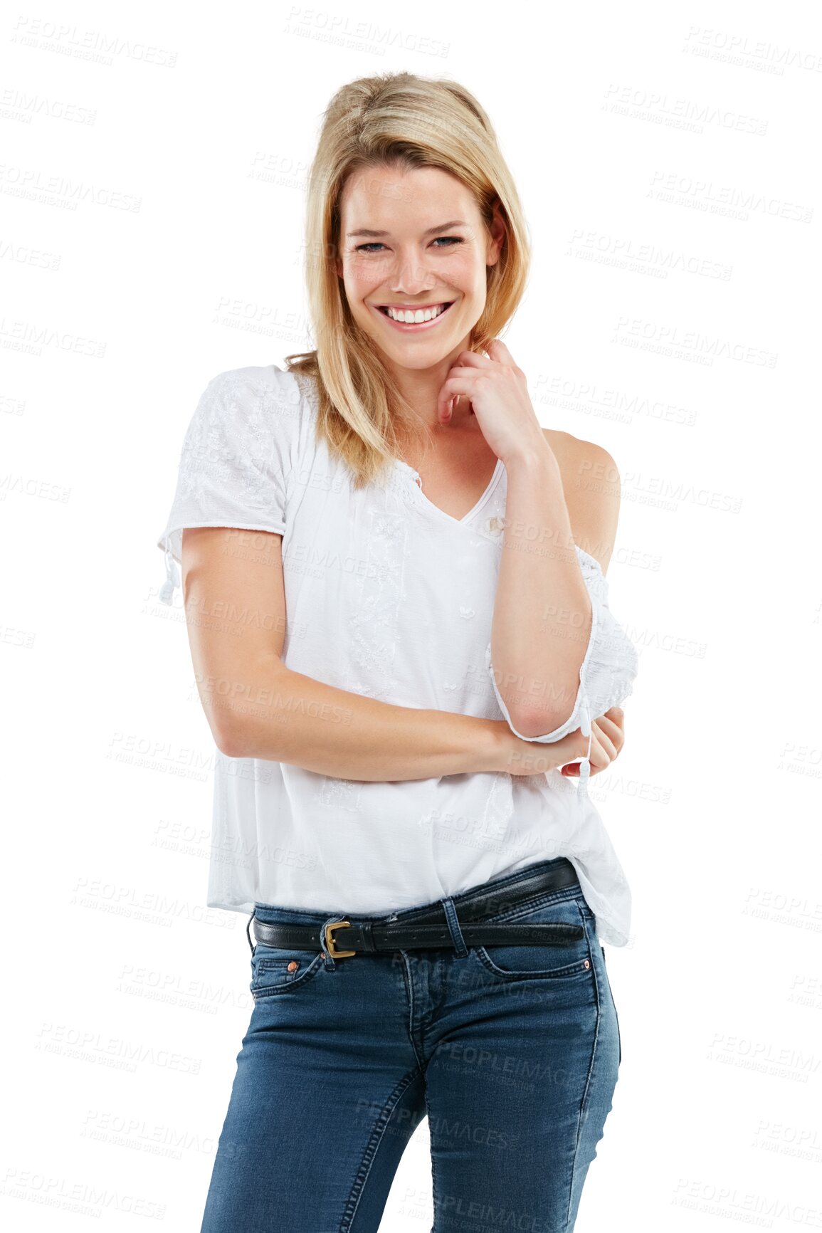 Buy stock photo Fashion, happy and portrait of woman with style on isolated, png and transparent background. Confident, happiness and female person with smile standing in trendy, cool outfit and casual clothes