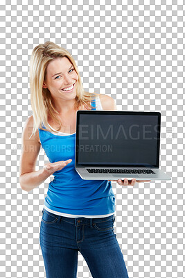 Buy stock photo Mockup, laptop or portrait of happy woman with screen space isolated on transparent png background. Smile, logo display or person with news of technology for advertising, marketing or branding online