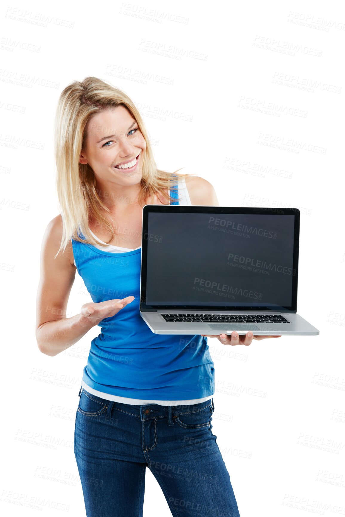 Buy stock photo Mockup, laptop or portrait of happy woman with screen space isolated on transparent png background. Smile, logo display or person with news of technology for advertising, marketing or branding online