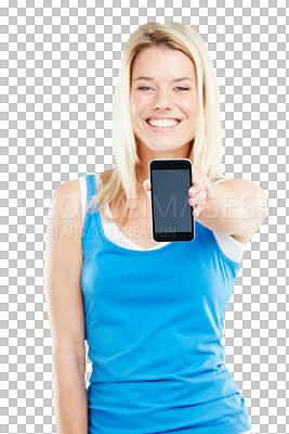 Buy stock photo Mockup, phone or portrait of happy woman with screen space isolated on transparent png background. Smile, logo display or person with mobile digital technology for advertising, marketing or branding 