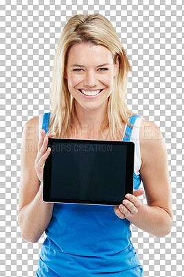 Buy stock photo Mockup, tablet or portrait of happy woman with screen space isolated on transparent png background. Smile, logo display or person with digital technology for advertising, marketing or branding online