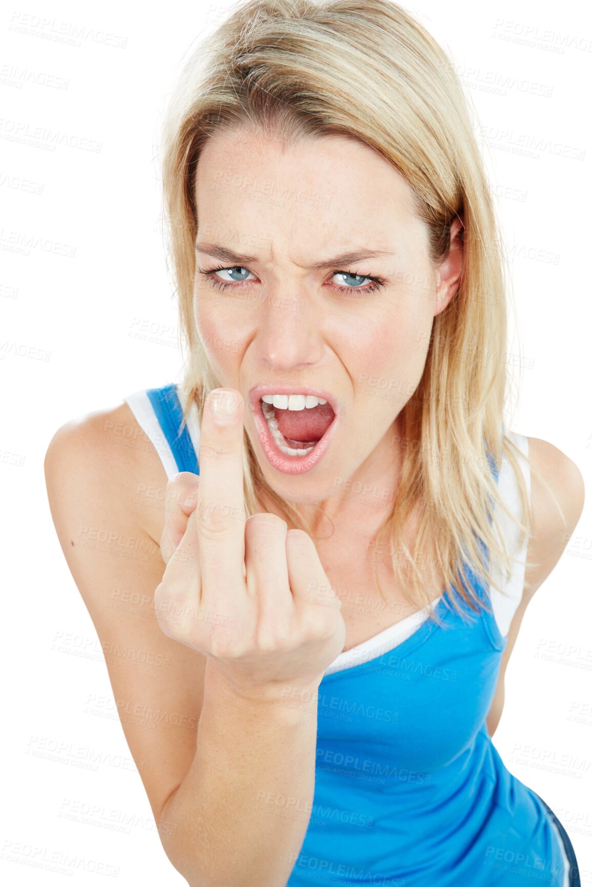 Buy stock photo Rude, annoyed and middle finger with portrait of woman on transparent background for frustrated, angry and conflict. Problem, hate and rejection with female person isolated on png for hand gesture 