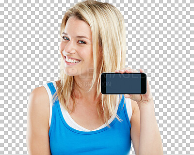 Buy stock photo Mockup, mobile or portrait of happy girl with screen space isolated on transparent png background. Smile, logo display or woman with phone technology for advertising an app, marketing or branding 